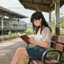 a beautiful girl sitting on a bench reading at an abandoned overgrown train station, old train station, establishing shot, digital anime painting. wlop, rossdraws, detailed anime illustration, detailed stylized portrait, details, detailed artwork