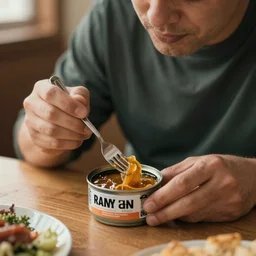 prompt : a man eating with a fork out of a tuna can cinematic 3 5 mm 8 k hdr