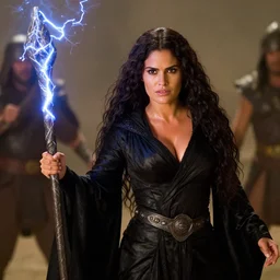 epic photo of salma hayek as beautiful medieval sorceress with very long black hair wearing a black satin robe and metal belt, battle scene, holding her wizard staff electricity emanating from it, sweaty, in the film conan the barbarian, movie still, cinematography by duke callaghan