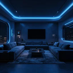futuristic looking living room, dark with blue neon lights, contrasted, octane render
