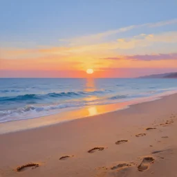 beautiful sunset over the ocean, shoreline beach footprints in sand, clear sharp oil paint highly detailed ethereal, by trending on artstation