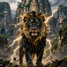 black lion's god looking at you, black fur merging with gold lightnings surrounded by epic ancient huge forest and mountains, colossal scale, cinematic shot, vibrant colors, photorealism, epic, octane render by Evgeniy Antonenkov and James Jean