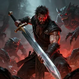 A man with red glowing eyes and a beard and a giant sword killing monsters badass , digital art , trending on artstation , Hyperdetailed , CGSociety