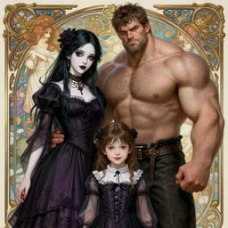 a tall goth girl and a strong buff handsome man, family photo, cute, intricate, highly detailed, digital painting, artstation, concept art, smooth, sharp focus, illustration, unreal engine 5, 8 k, art by artgerm and greg rutkowski and alphonse mucha