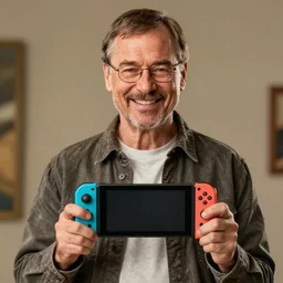 movie still of happy Walter White holding a Nintendo Switch