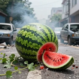 a photo of a giant watermelon , crushing  the street , smoke in the background, filthy streets, broken cars. Vines growing. Jpeg artifacts. Full-color photo. Color color color color color. Award-winning photo. OM system 12–40mm PRO II 40mm, 1/100 sec, f/2 8, ISO 800