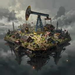 concept art shadowrun illustration, photorealistic postapocalyptic village on the top of huge oil platform as island, fantasy, ultra realistic, inspired by dylan cole, trending in artstation, cgsociety, octane render, ultra sharp, unreal engine, digital painting, 8 k