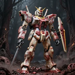 bleeding gundam made of meat drawn by beksinski, high definition, lovecraftian