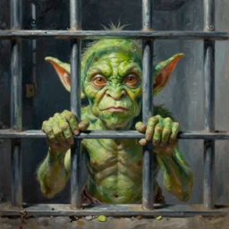 green skinned goblin, in a jail cell, behind bars, highly detailed oil painting