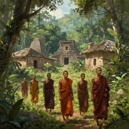 some monks strolling in an overgrown aztecvillage in the jungle highly detailed digital painting, concept art by yongfei liu, alben tan, vance kocas, octane rendered, low angle