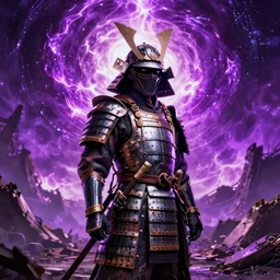 a single armored samurai standing in the ruins of crux prime, purple fiery maelstrom in the distance, digital art, artstationhq