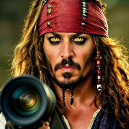photo of a pirate captain with long beard and bright golden eyes, flaming hair, cinematic lighting, 70mm, sigma lens
