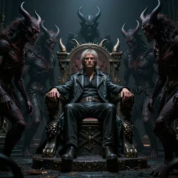 a man sitting in a throne surrouded by demons, moody lighting, 8 k resolution, octane render, trending on artstation, by h. r. giger and greg rutkowski