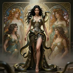 a full body shot of a young asian woman valkyrie with snakes surrounding her by artgerm, dynamic lighting, ray tracing, tom bagshaw, alphonse mucha, donata giancola, mary jane ansell, ankh necklace, atmosphere, realism, octane render, dof, hyperdetailed, 8 k