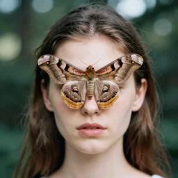 a head and shoulders portrait of a beautiful woman with a large moth sitting on her face, by Nina Masic, by Flora Borsi, 50mm f/1.4, bokeh, kodak ektar