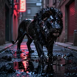 the black lioness made of goo, stalking prey in an alley at night, viscous, sticky, dripping black goo, dripping goo, sticky black goo. photography, dslr, reflections, black goo, rim lighting, cinematic light, horror, contrast, volumetric, neon, tar pit