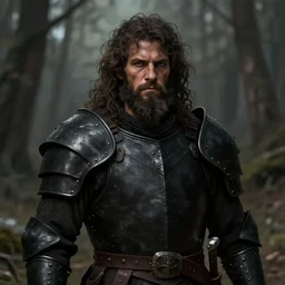 portrait of barbarian in the wilderness, simple black armor, rugged, brown skin, messy curly hair, unkempt beard, high fantasy, highly detailed, digital illustration, by kurone mishima