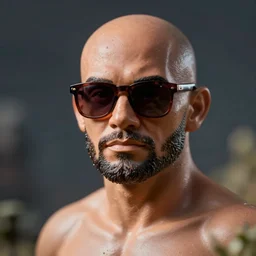 funky pop of British Kickboxer Andrew Tate, bald, with dark brown sunglasses, and stubble beard, fantasy, figurine