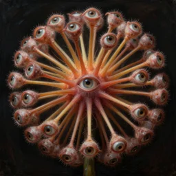 A beautiful photograph. It has no visible auditory organs, just eyes, human eyes, hundreds of them, in the ends of stalks that radiate from its body like some exotic fruit. electric by Magnus Enckell, by Giovanni Battista Gaulli rigorous
