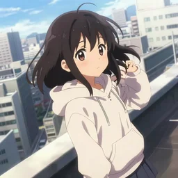 anime visual portrait of a young black haired girl cute face wearing hoodie sightseeing above the urban city school rooftop sunny day dramatic lighting dynamic perspective and posing ishida sui - w 6 4 0