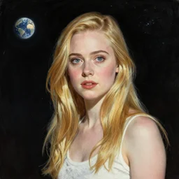a striking hyper real illustration of Elle Fanning in space by Edwin Blashfield, zoom out,