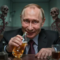 vladimir putin drunk without teeth smiling ☺, horror scene in lunatic asylum, intricate, highly detailed, smooth, artstation