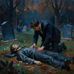 one man in a cemetery digging up a dead body, by nicola samori, painting, 8 k, high detail, blue, orange, and dark green tones, high quality, sad feeling, high detail, dark colors, sinister atmosphere, dramatic lighting, cinematic, establishing shot, extremely high detail, photo realistic, cinematic lighting, album cover