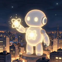 glowing friendly robot with an atom on their chest delivering energy to a city by satoshi kon, a sense of hope and awe