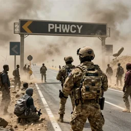 highly detailed war photograph of a pmc operative guarding a highway checkpoint surrounded by climate migrants, dust storm, cinematic lighting, realistic, detailed, intricate, digital art, ambient, by darek zabrocki, industrial art style, 3 5 mm film grain, artstation