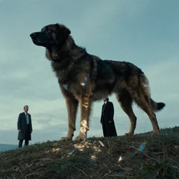 the giant dog on the hill, water caustics, film still from the movie directed by denis villeneuve and david cronenberg with art direction by h. r. giger and salvador dali