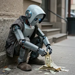 homeless robot begging for money, pulitzer winner.