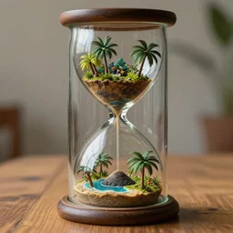 a tropical island inside a glass jar hourglass, standing on a wooden table, intricate, highly detailed, volumentric lighting, artstation, cgsociety, close detail, kodak 5 0 mm, macro shot, artgerm, wlop