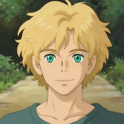 beautiful young man with medium - length, curly, golden hair, perfectly proportioned face, aquamarine eyes, long eyelashes, smile, natural lighting, path traced, highly detailed, high quality, cartoon, digital painting, by new haicheng and studio ghibli