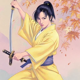 breathtaking detailed pattern pastel colors, action scene from kill bill, with uma thurman ( kill bill ) in yellow kimono, with hatori hanzo katana sword and autumn leaves, by hsiao - ron cheng, bizarre compositions, exquisite detail, enhanced eye detail