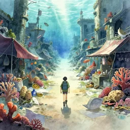 incredible anime movie scene, vanishing point, explorer, watercolor, underwater market, empty road, coral, harsh bloom lighting, rim light, abandoned city, paper texture, movie scene, caustics shadows, deserted shinjuku junk town, old pawn shop, bright sun ground, wires, telephone pole, pipes, yellow dragon head