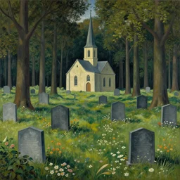 graveyard with a small monastery in the middle of a forest with flower meadow, painted by Rene Margritte