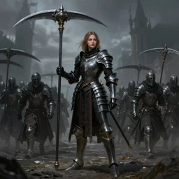 a girl in black armor holding a scythe, medieval soldiers marching, dark fantasy concept art, by andreas rocha