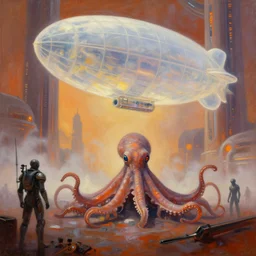 dramatic perspective fury road in space a minimalist bioluminescent cephalopod oil painting by donato giancola, chris foss, warm coloured, cinematic scifi luxurious futuristic foggy steam filled spaceport with giant bright translucent zeppelin cyborg with microscopy, gigantic pillars, maschinen krieger, beeple, the matrix, star wars, ilm, star citizen, mass effect, artstation, atmospheric perspective
