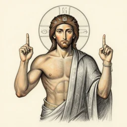 gigachad benediction, muscles, two fingers pointing up, pencil art, holy iconography