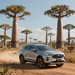 a futuristic suv designed by ford driving through madagascar with baobabs trees, artgerm and greg rutkowski and alphonse mucha, an epic fantasy, volumetric light, detailed, establishing shot, an epic fantasy, trending on art station, octane render, midsommar