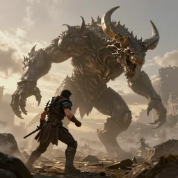 the last hunter fighting the colossus at dawn, 8k resolution, digital art, trending on art station