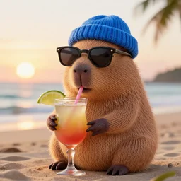 a photorealistic photograph of a knitted cute Capybara dressed in sunglasses and wearing a blue beanie cap. The subject is also sipping a refreshing Mai Tai drink cocktail at the beach during sunset. The image is Trending on Artstation, featured on Behance, well-rendered, extra crisp image, intricate detail, Unreal Engine, 4K HD