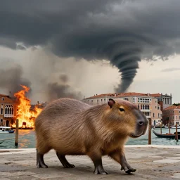 a massive 100 meter capybara roaming the city of venice, the city is on fire, there is a tornado in the background, nature photography, 4k, wide lens, award-winnig photo