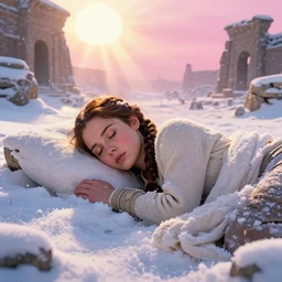epic face portrait of Lara Croft warmly clothed sleeping in deep snowy snow, winter princess, ancient ruins, prism sun rays through wind swept snow, pink golden hour, saturated, intricate, highly detailed, epic vista, very crispy, Ralph Horsley, Daniel F. Gerhartz, Artgerm, Boris Villajo, Lilia Alvarado