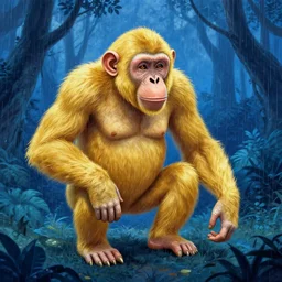 a golden ape in a blue rainforest