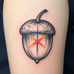 a clean single line sketch for a tattoo, acorn that turns into a tree in shape of treble clef, dividing line up the middle like a scar, color bursts when crossing scar