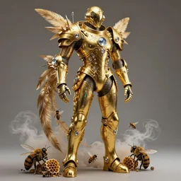 full size golden armor, space suit, ornate, made of sniny latex, feathers, crystals, and smoke by giger and irene van herpen + cyberpunk + steampunk + bees, insects, honeycombs + sharpened + extremely detailed + harsh gallery lighting + cinematic