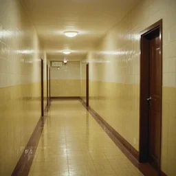60s movie still of a sovietic stalinist style empty hallway with yellow tiles, cinestill 800t 50mm eastmancolor, liminal Space style, heavy grain