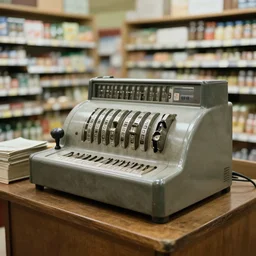 the inside of a 1 9 2 8 grocery store with a national cash register from 1 9 0 4 on the desk. hyper - realistic, realistic photo