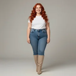 professional full body photo of a young happy plus-size redhead woman